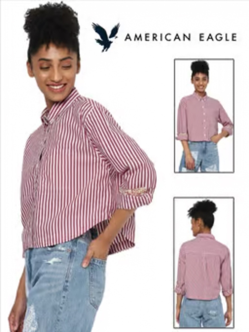 AMERICAN EAGLE WOMEN RED WHITE CLUBHOUSE STRIPPED CROPPED LONG SLEEVE SHIRT